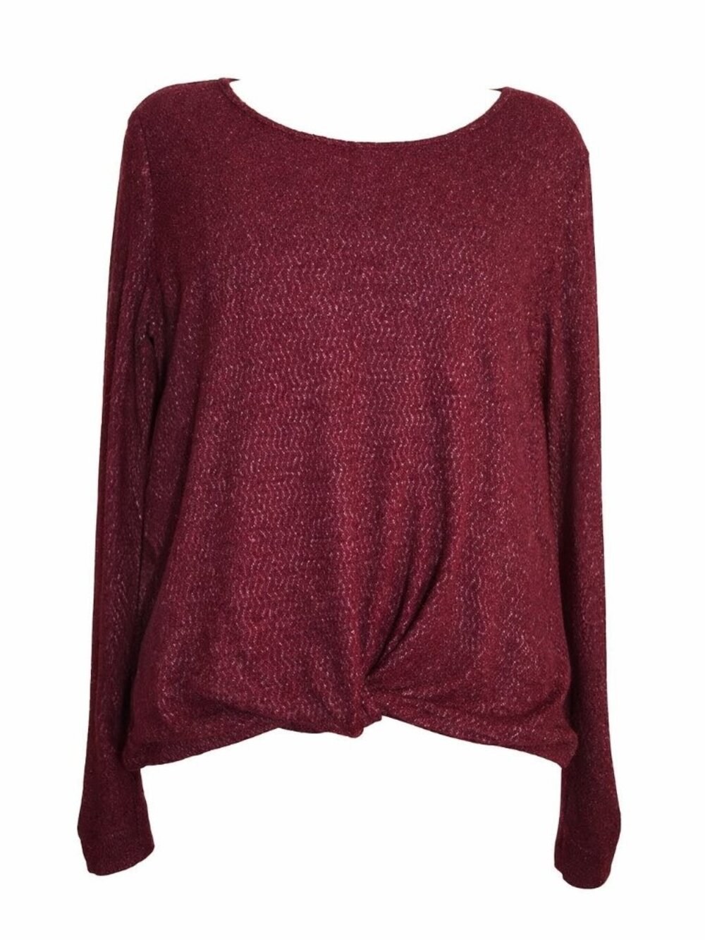 Iz Byer-Maroon-Wine-Long Sleeve- Twist Front-Textured-Shimmer-Woman-Top- XL
